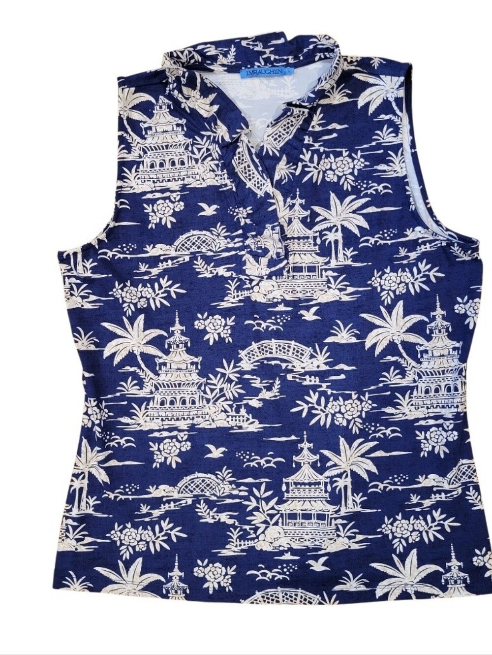 J.McLaughlin Navy White Chinoiserie Pagoda Toile Sleeveless Ruffle Top Womens LG - Picture 3 of 7